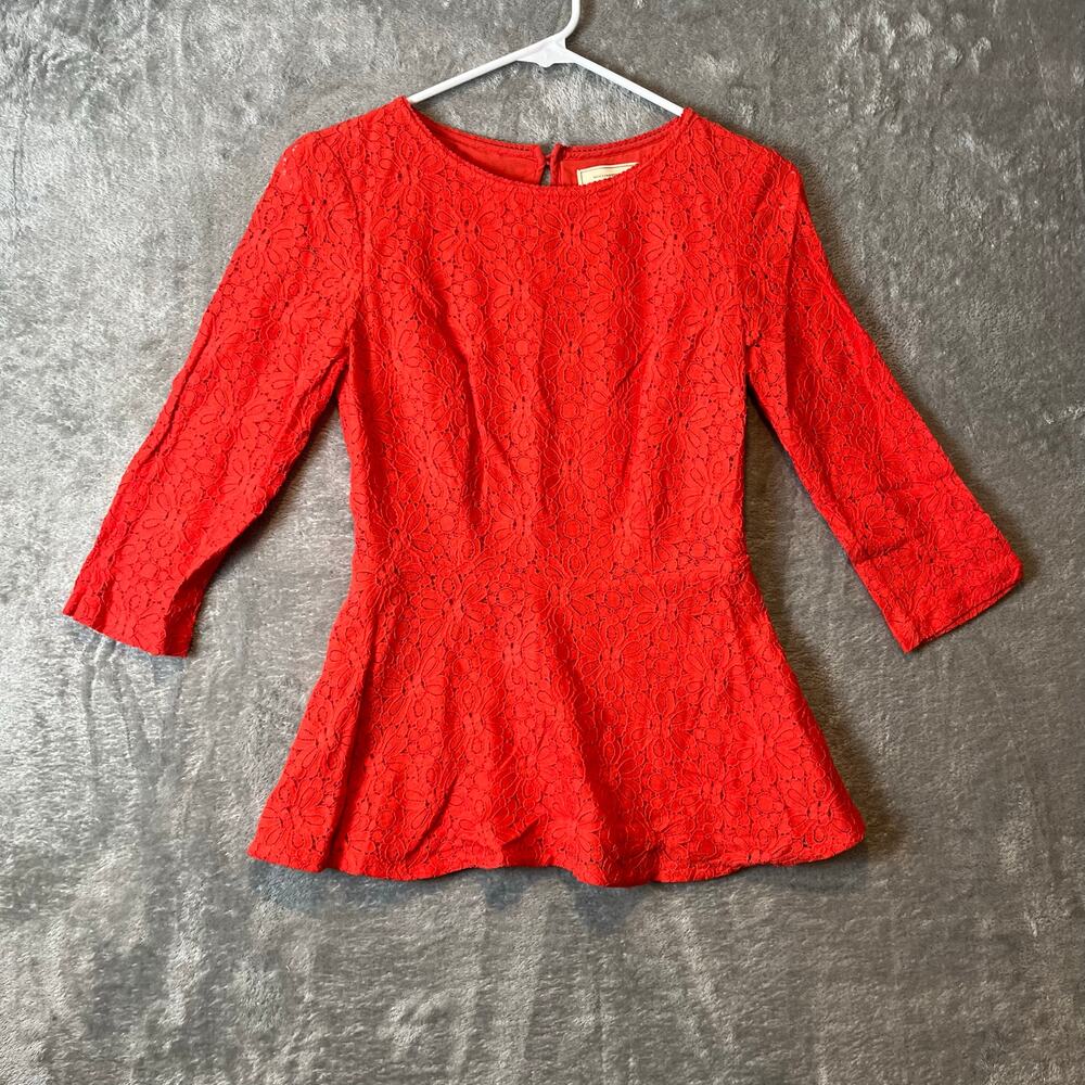 Moulinette Soeurs Anthropologie Flare Sleeve Lace Peplum Blouse Orange Sz 0